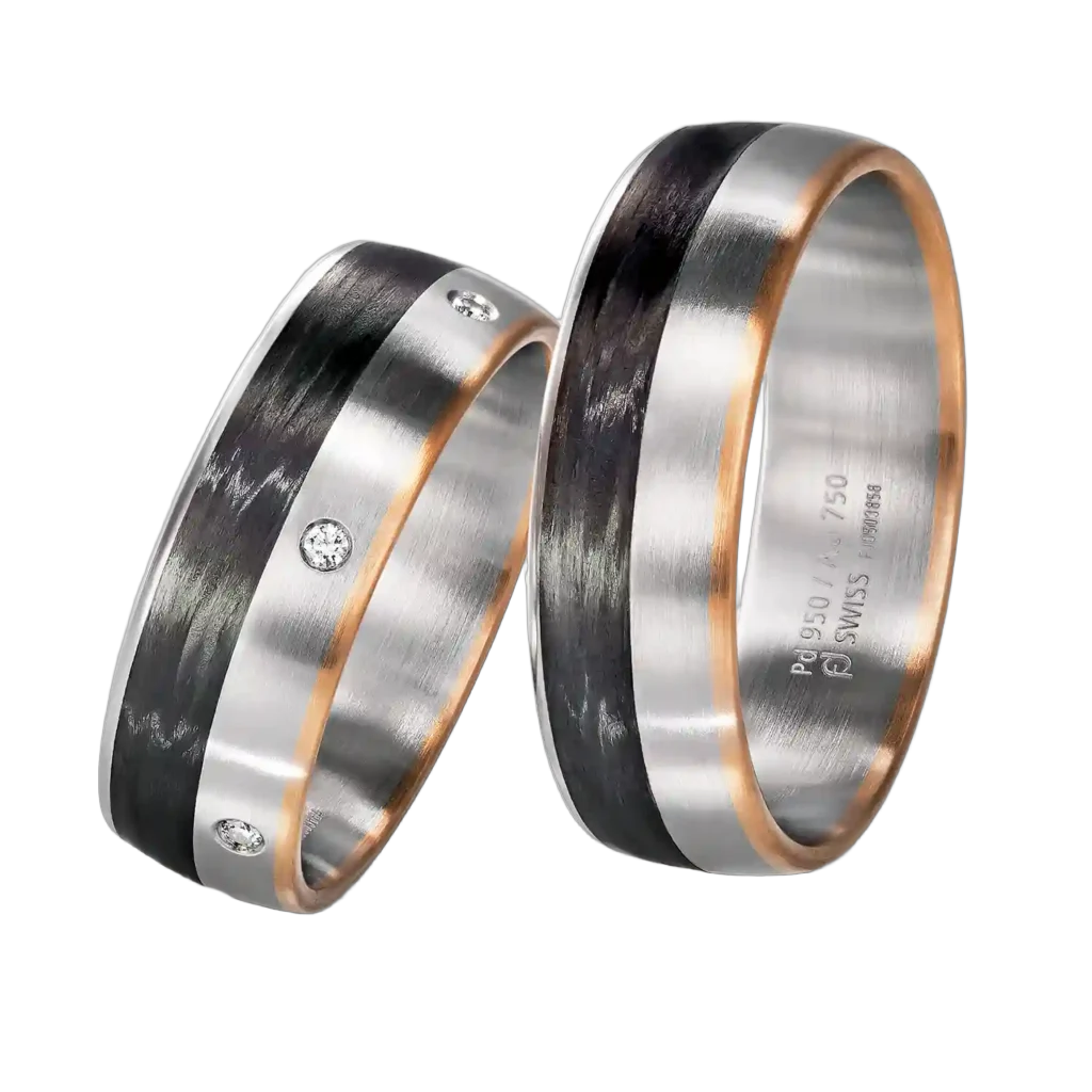 Furrer Jacot Wedding Ring Set 750 White Gold/Rose Gold/Carbon | 3 Brilliant-Cut Diamonds 0.030 ct