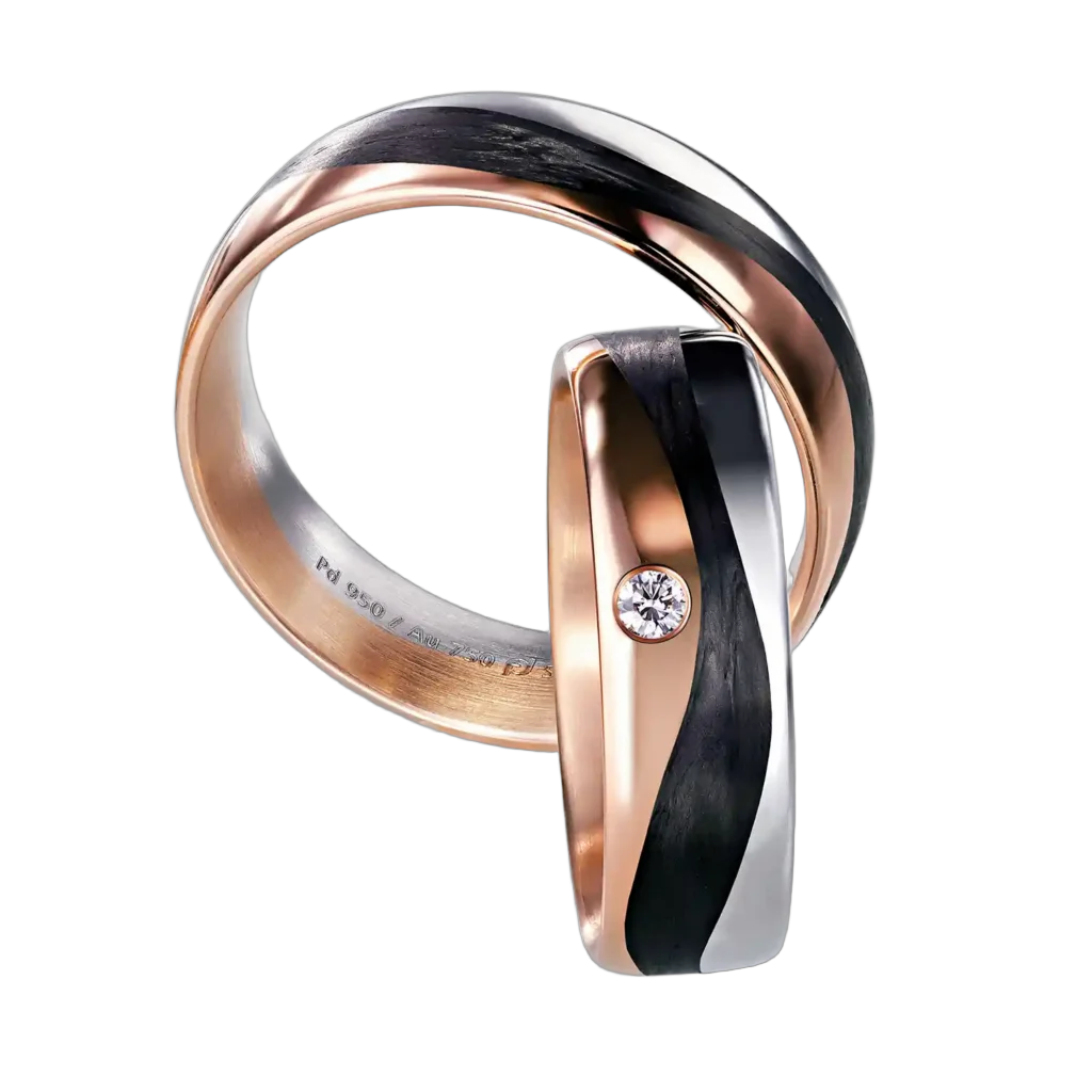 Furrer Jacot Wedding Ring Set 750 White Gold/Rose Gold/Carbon | 1 Diamond 0.040 ct