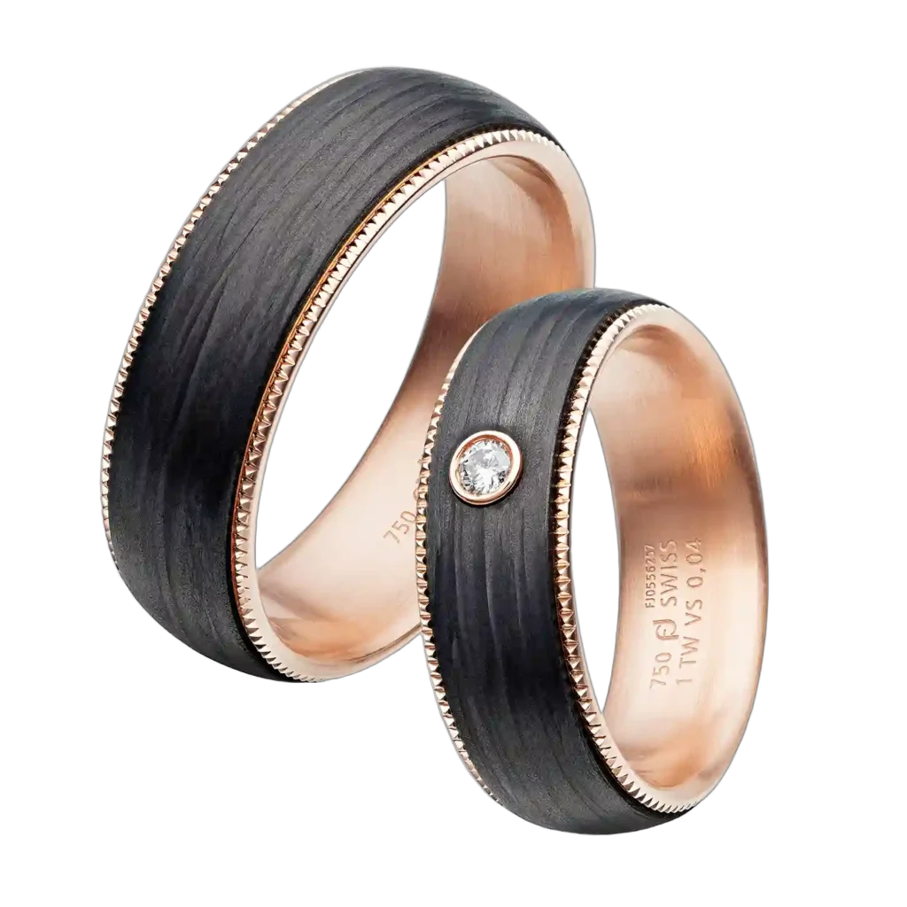Furrer Jacot Wedding Ring Set 750 Rose Gold/Carbon | 1 Diamond 0.040 ct